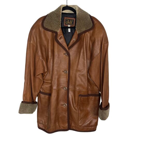 Jez Creations Montreal 8 Tan Camel Sherpa Leather Button Front Jacket Vintage - Picture 1 of 11